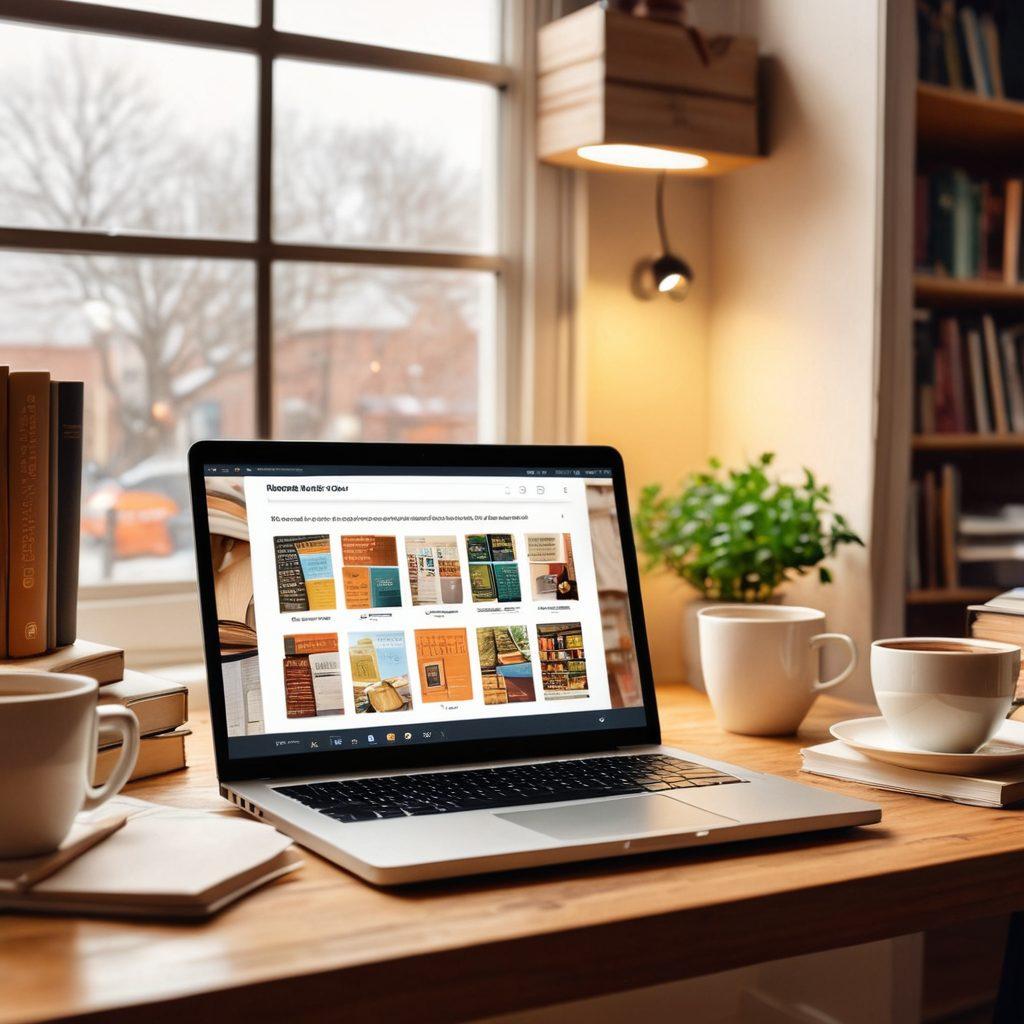 An inviting online bookstore scene with a laptop displaying a user-friendly website for selling used books, surrounded by a cozy reading nook filled with stacked books, a steaming cup of coffee, and a bright window view. Illustrate a diverse group of happy people exchanging books online, displaying a sense of community and sustainability. realistic style. warm colors.